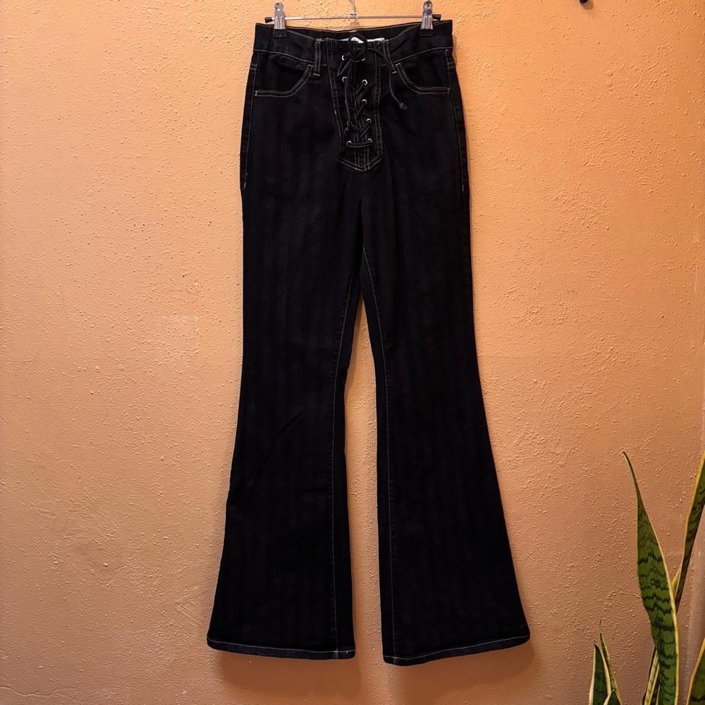Tinseltown Black Flare Jeans with Lace-Up Front